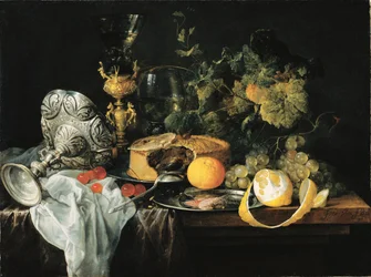 Overdådig stilleben med frukt, pai og begre, 1651