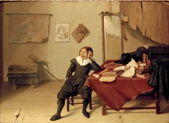 Interiør i et rom med en ung mann ved et bord, 1628