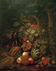 Stilleben med fruktkurv, gresskar, melon og fersken på ei eik