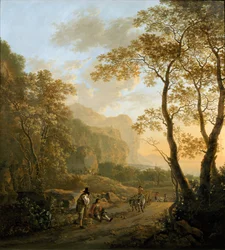 Landskap med hvilende reisende og oksevogn, ca. 1645