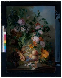 Stilleben med blomster, pærer, druer, kirsebær, en melon og sommerfugler