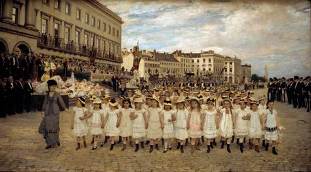 La revue des ecoles en 1878 Maleri av Jan Verhas (1834-1896) 1878 Søn. 2,41x4,02 m Brussel, Beaux Arts royale - Skolenes parade i 1878. Maleri av Jan Verhas (1834-1896)