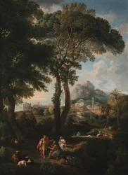 Et klassisk elvelandskap med figurer som hilser på hverandre på en vei i forgrunnen, utsikt over en by i det fjerne (olje på lerret)