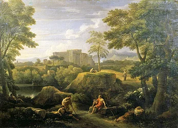 Landskap med figurer (olje på lerret)