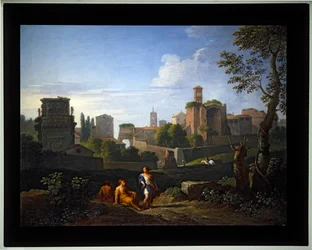 Sett med fire Capricio-figurer; (4) Konstantins buer og Titus-tårnet i Campidoglio, Venustempelet og klokketårnet i Santa Francesca Ronana (lerret)