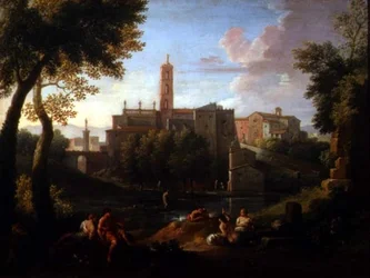 Landskap med figurer nær en by (par 81825)