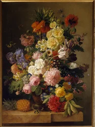 Blomster på en marmorkonsoll med en ananas Maleri av Jan Frans van dael (1764-1840) (ec.flam.) Fontainebleau fra 1800-tallet. Musee du Chateau - Blomster på en marmorkonsoll med en ananas. Maleri av Jan Frans van Dael (1764-1840) (Flamsk skole). 19t