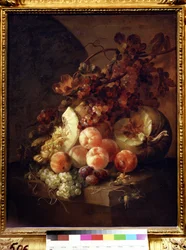 Stilleben med fersken. Maleri av Jan Frans van Son (1658-1718). Olje på lerret, 77 x 64 cm