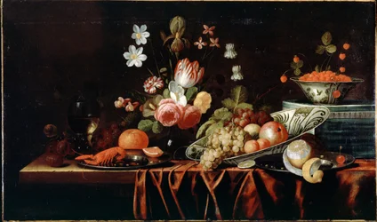 Stilleben med frukt, blomster og kreps