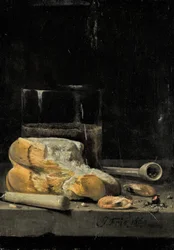 Stilleben av brød, reker, en pipe og et glass øl arrangert på et bord