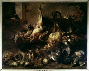 Spredning av vilt i en vakt som spiser med en katt og to aper Maleri av Jan Fyt (1611-1661) (ec.flam.) 1600-tallet Søn. 0,86 X 1,76 m Paris, musee du Louvre