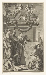 Rettferdighet lærer lovene til Utrecht Costumen Usantien en Policien der stad Utrecht (tittel på objekt) Tittelside for Willem Van der Meulen, Costumen, usantien, policien ende style of litigation, der stadt Utrecht, 1709