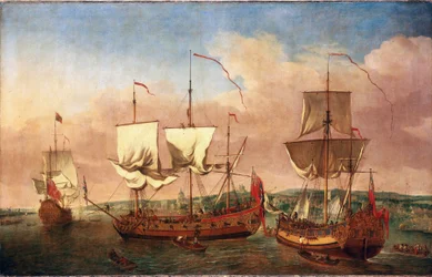 Skipet «Peregrine» og andre kongelige fartøy, utenfor Greenwich, rundt 1710. Olje på lerret, rundt 1710–1715, av Jan Griffier (1645–1718).