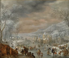 Vinterlandskap med skatere, kirke og landsby langs bredden av en elv