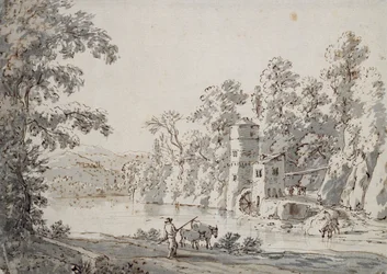 The Watermill by the Ford (penn og brunt blekk og grå vask på papir)