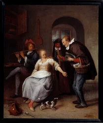 En glemmende kjøpmann Omreisende selger av bakverk. Maleri av Jan Steen (1626-1679) 1678 søn. 0,35x0,3 m Rouen, Musee des Beaux Arts