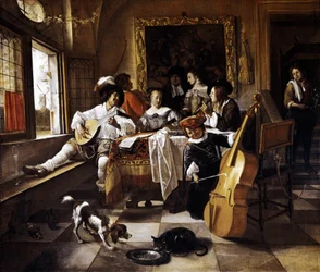 "" Familiekonsert "" Scene i et nederlandsk interiør. Maleri av Jan Steen (1626-1679) 1666 Chicago, Art Institute of Chicago