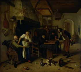 Interiør i et vertshus med en gammel mann som morer seg med utleieren og to menn som spiller backgammon, kjent som "To typer spill"