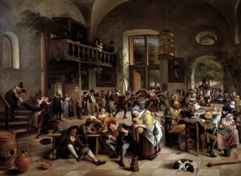 Fest i et vertshus Musikere, spillere, menn og kvinner av drikkende mennesker - Maleri av Jan Havicksz (Havicksz) Steen (1626-1679)