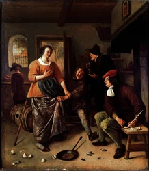 De knuste eggene (inne i et vertshus). Gruppe av muntre karakterer i nederlandsk mat. Mannen som løfter kvinneskjørtet er et selvportrett av maleren. Maleri av Jan Havickszoon Steen (1625/6-1679) 1665-1670 søn. 43x38 cm London, Nasjonalgalleriet - The Inte