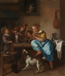 Barn lærer en katt å danse, kjent som «Danseleksjonen», 1660-79