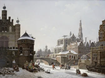 En Capriccio-utsikt over en by med figurer på en frossen kanal