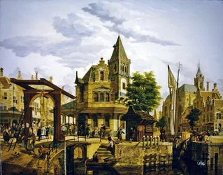 En nederlandsk gatescene langs en kanal
