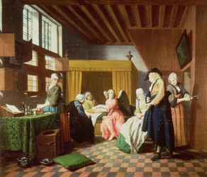 Legebesøk - Et nederlandsk ordtak: Legen blir fremstilt som en engel som gir hjelp til den syke mannen (en av et sett på fire)