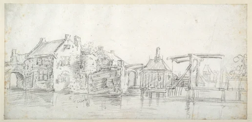 En kanal med bygninger, inkludert et bomhus og en bombro, ca. 1650 (svart kritt på hvitt papir)