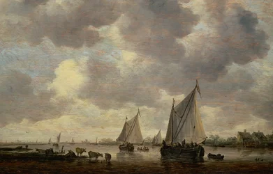 En kanal i Holland, eller to store seilskip og storfe nær en elv