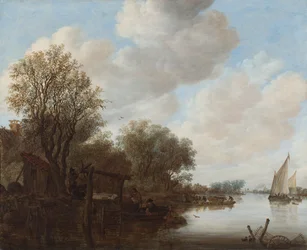 Et elvelandskap med figurer ved siden av en sluse, en ferge utenfor og et kirkespir i det fjerne