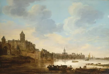 En by ved bredden av en elv, med en ferge, 1648