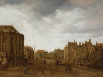 Utsikt i en nederlandsk by med figurer på en vei (olje på panel)