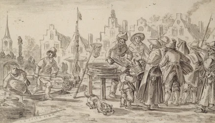 Fishmarket, 1624 (penn og pensel og brunt blekk på papir)