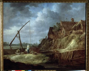 ""Landskap ved brønnen"" Hus eller nederlandsk gårdshus med stråtak. (Landskap med trekkbrønn) Maleri av Jan Josefsz van Goyen (1596-1656) 1642 Pushkin-museet, Moskva