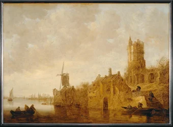 Elvelandskap med mølle og ruin av slott...