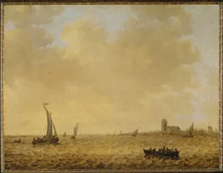 Sjølandskap. Utsikt over Dordrecht i bakgrunnen (olje på lerret)