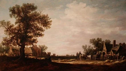 Landsbyscene med hester og vogner