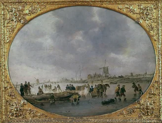 Vinterscene med figurer på en frossen innsjø (olje på panel)
