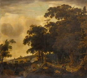 Et skogkledd landskap med vedhoggere (olje)