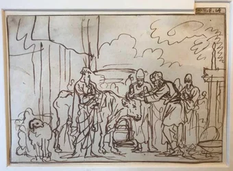 Oksen føres fram til syndofferet, Aron og sønnene hans legger hendene på hodet dens (Lev. 8,14)