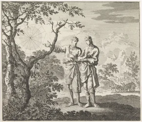 Emblem: edderkopp To menn ser på et edderkoppnett