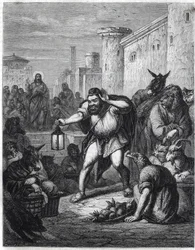 Esop og Kristus: Den greske forfatteren Esop (Esop eller Esopus, 600-tallet f.Kr.), med en lykt i hånden, krysser en vandring mellom karakterer med dyrehoder på jakt etter "en mann". Bak ham ser vi Jesus Kristus. Illustrasjon inspirert av fabelen «Esope a 
