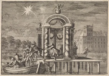 Pyroteknikere på flukt ved en stor utsmykning på Vijverberg i Haag til ære for fødselen til sønnen til kong James II, 1688