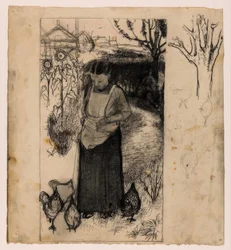 Annie Mankes-Zernike mater kyllingene, til høyre: studier av et tre og kyllinger