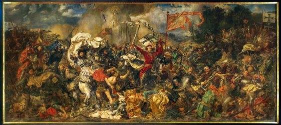 Slaget ved Grunwald, der en polsk-litauisk hær, ledet av den polske kongen Wladyslav II Jagiello … (maleri på lerret)