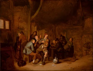 Figurer som røyker og spiller musikk i et vertshus, ca. 1640 (olje på panel)