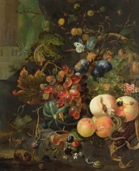 Stilleben av frukt og insekter
