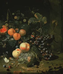 Stilleben med frukt og blomster