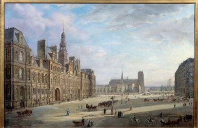 Rådhuset i Paris i 1868. Maleri av Jan Ostoga De Miodoucheski (Mioduzsewski) (1831 -? ). Olje på lerret. Mål: 0,78 x 1,17m. Paris, Musee Carnavalet - Rådhuset i Paris i 1868. Maleri av Jan Ostoga av Miodoucheski (Mioduzsewski) (1831-? ). O
